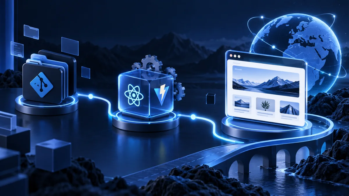 Git deposundan React ve Vite build sürecine, oradan canlı web sitesine uzanan yayın akışı